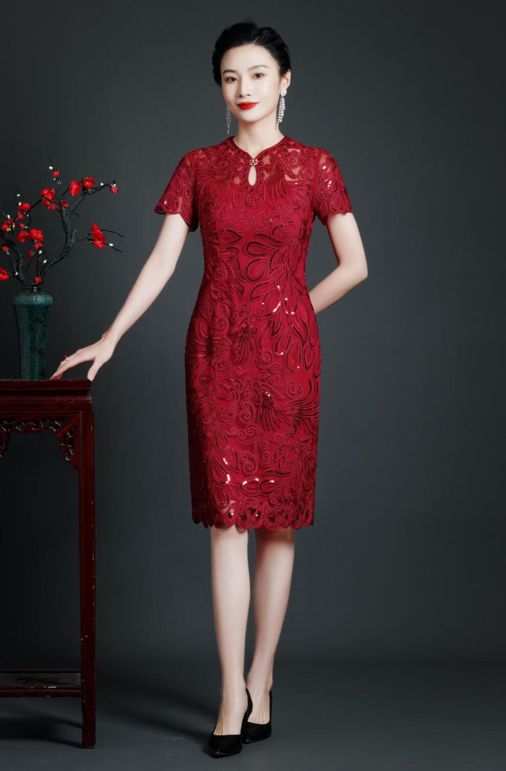 短款喜妈妈旗袍婚宴旗袍夏款优雅年轻丈母娘婚礼服高端婆婆装结婚