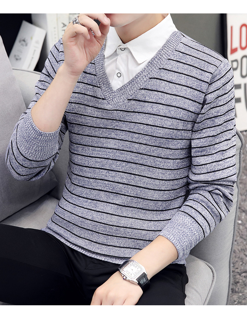 春秋季假两件毛衣男士潮流针织打底衫带领秋装上衣假领线衣shou8870