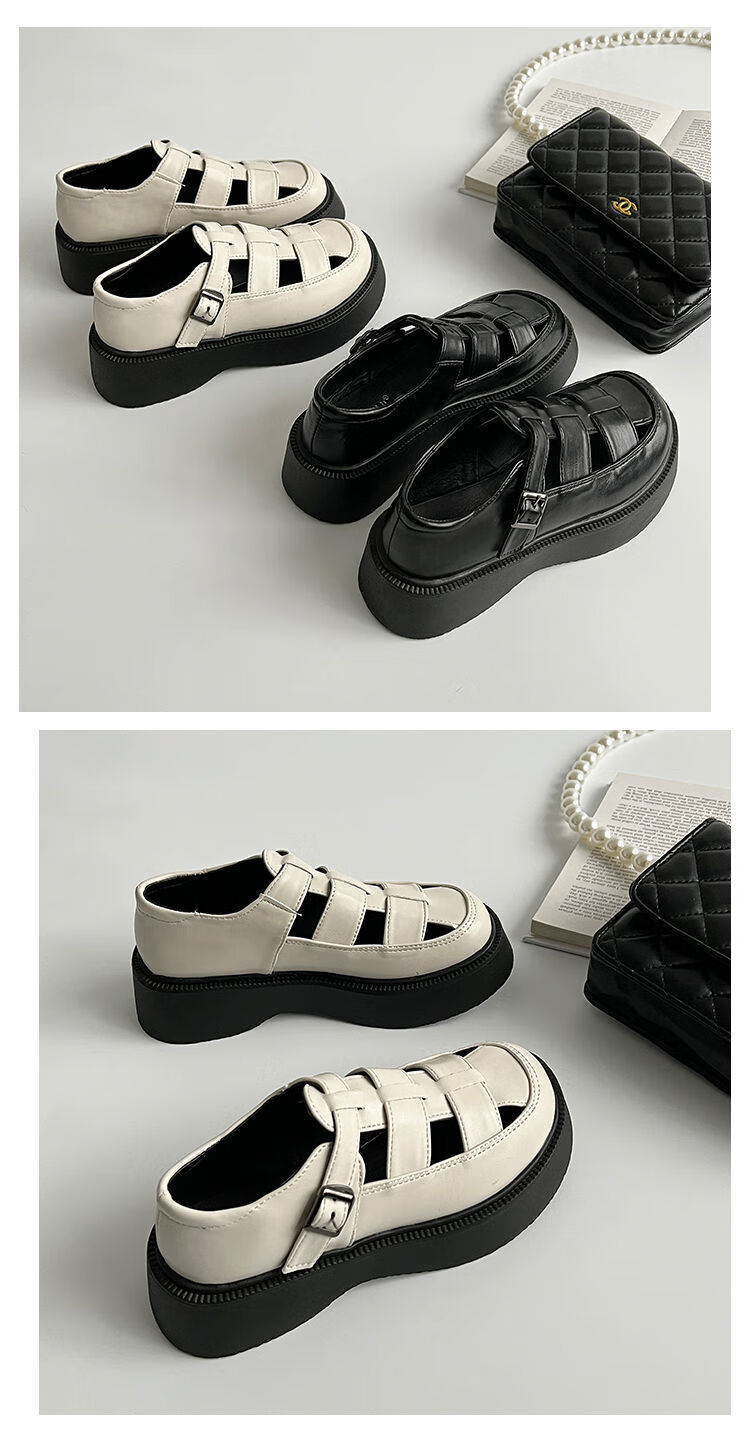 大头鞋宽头胖头鞋子女学生编织厚底镂空凉鞋女2022年春夏大头鞋松糕