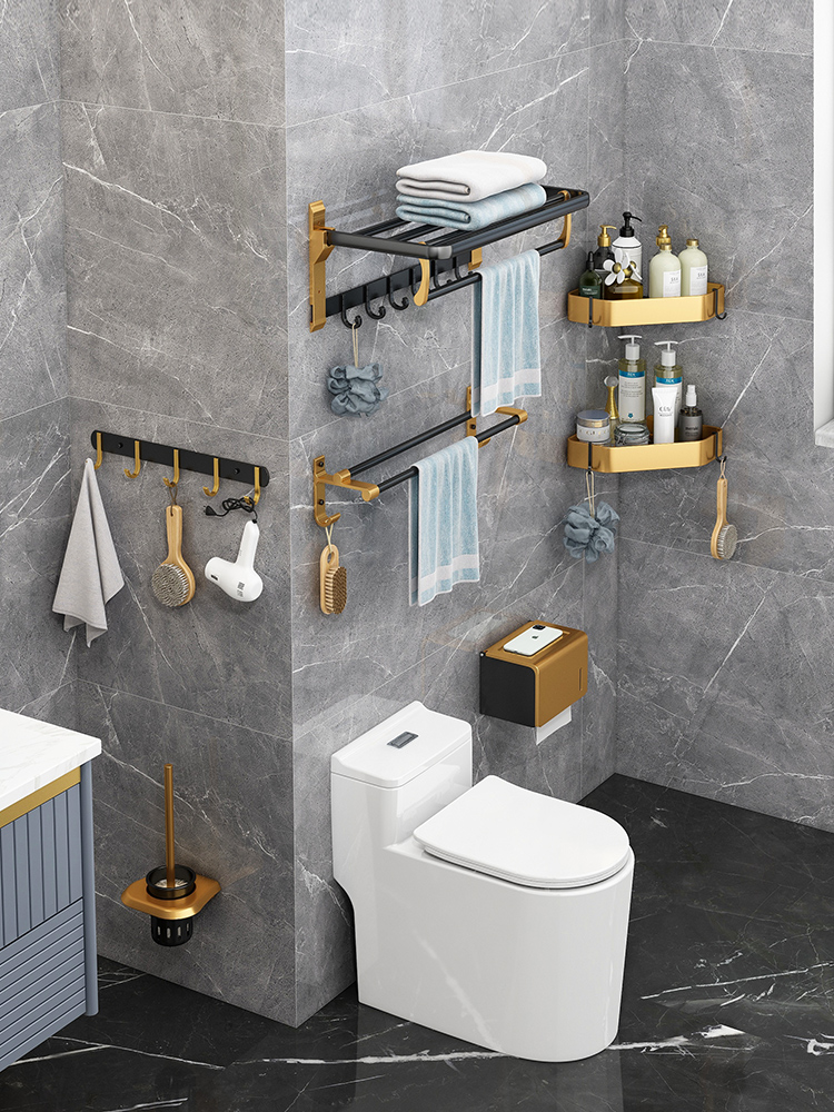 九牧卫生间五件套久 九牧浴巾架免打孔太空铝卫生间置物架折叠浴室