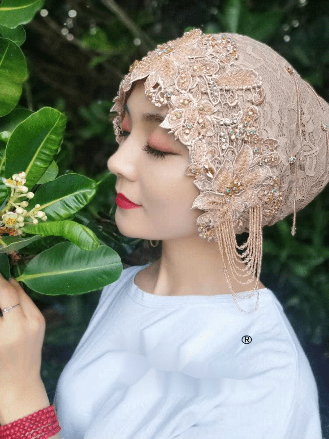 倩绣菲回族女人的套头纱巾包头帽迪拜头巾帽纱巾帽子夏回盖头套头蕾丝