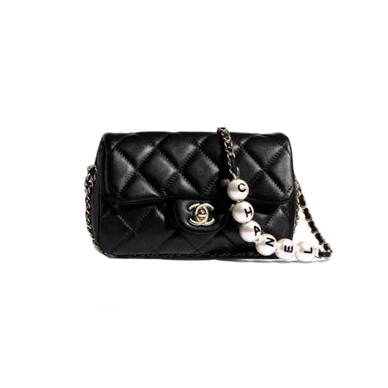 chanel香奈儿女包黑色小羊皮珍珠单肩斜挎链条包as1436b0230094305