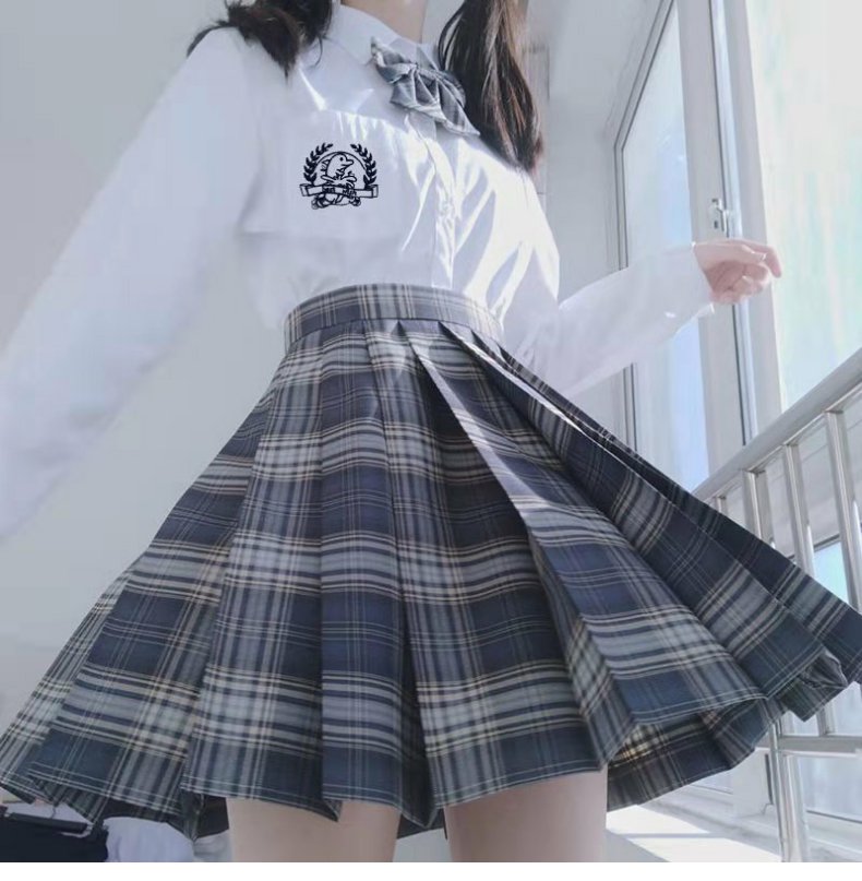 百褶裙高腰半身裙春夏款 金鱼姬套装【长袖衬衫 裙子 领结 安全 发圈