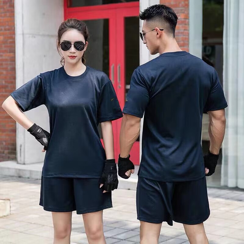 空军训练服飞行员圆领衫套装夏季短袖体能服户外速干上衣短裤 飞蓝