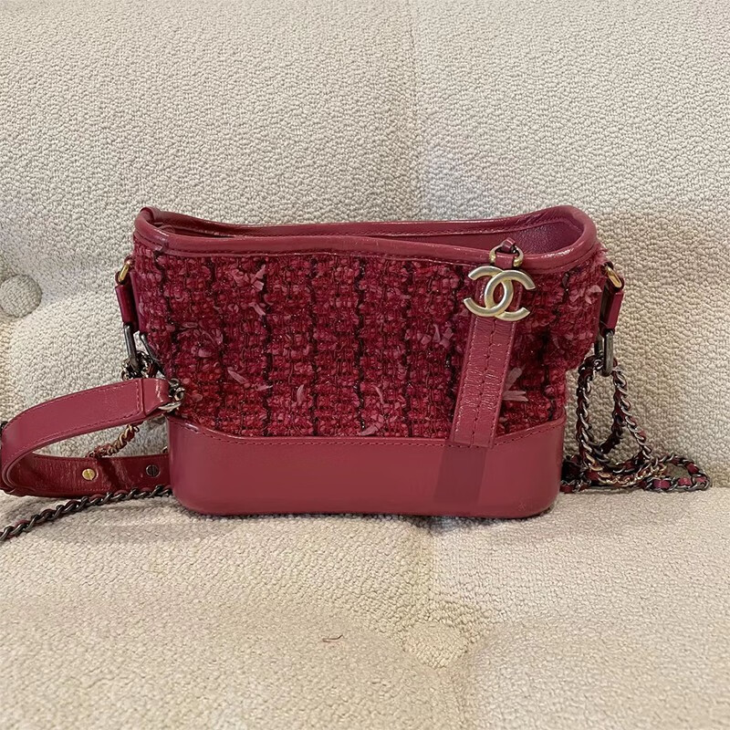 【二手99新】chanel香奈儿女包玫红色小号毛呢单肩链条包经典流浪包