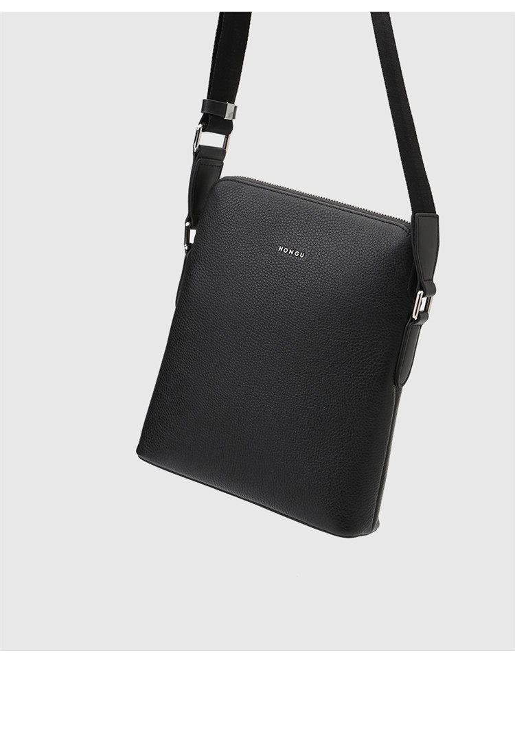 红谷男包单肩包竖款休闲斜挎包简约牛皮背包大容量商务男包 漆黑