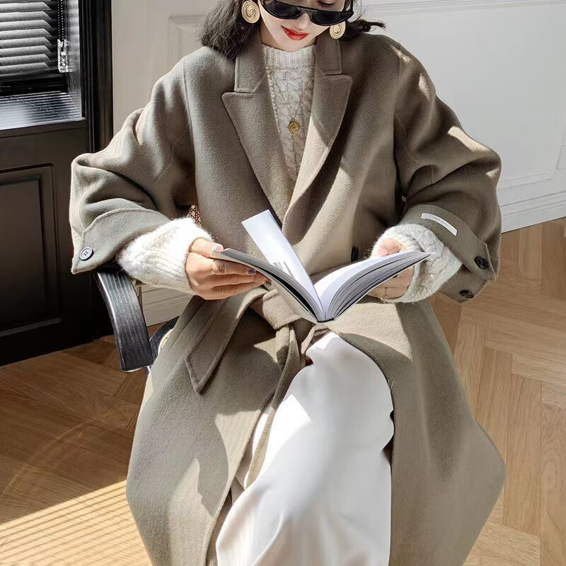 可可色双面羊绒大衣女中长款秋冬季韩系宽松高端系带毛呢外套流行
