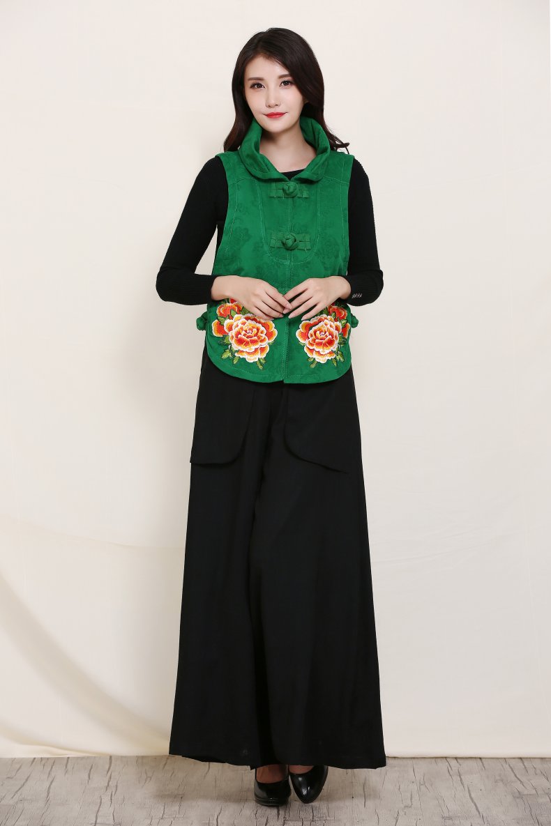 中老年马甲女春秋短款民族风棉麻绣花马夹女复古盘扣大码女装宽松