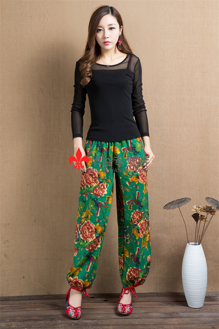 夏季新款时尚花裤子女士薄款广场舞服装裤东北大花民族风女裤子棉麻