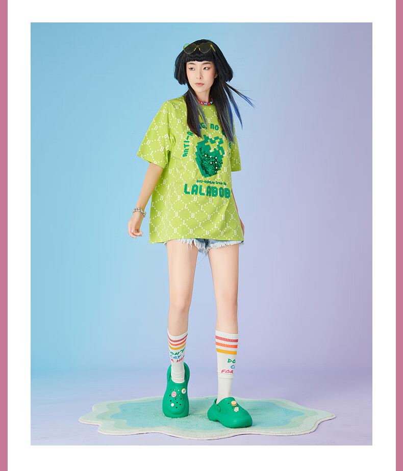 lalabobo2022夏新品时尚撞色草莓满印宽松短袖t恤l22b-wsdt52商场同款