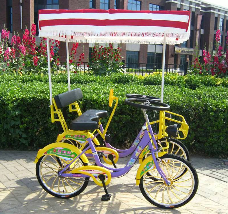 双人自行车家庭车 22英寸联排四轮自行车单车亲子三人家庭观光双人