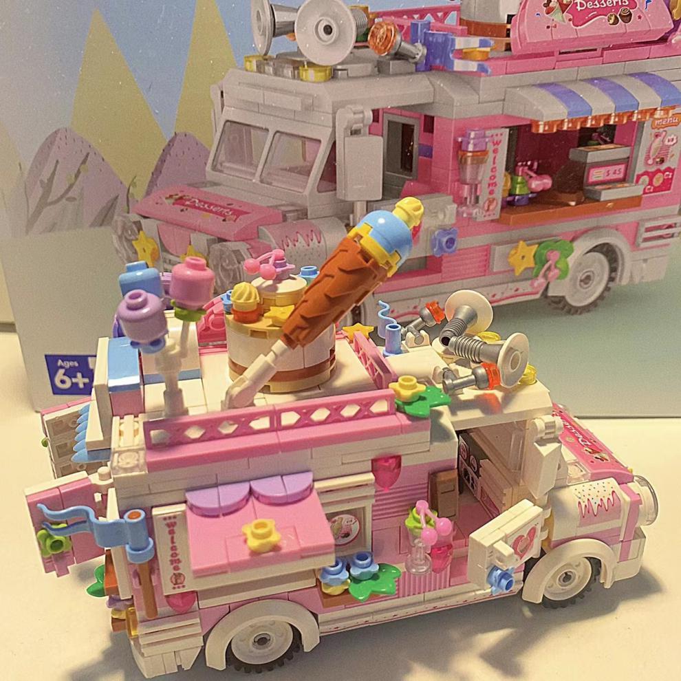夏日梦幻马卡龙色冰淇淋车积木解压玩具摆件礼物 复古冰淇淋车积木