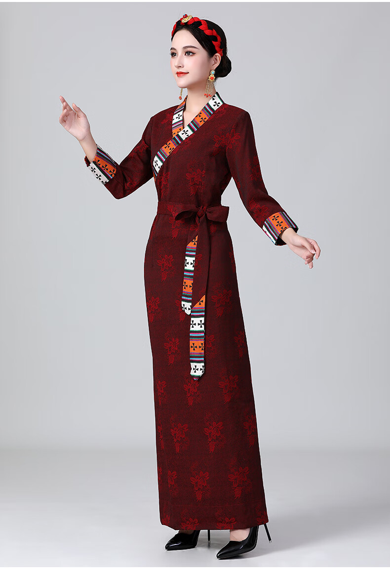 女拉萨旅拍写真演出藏族藏式藏袍民族风博拉锅庄舞裙定制款 绛红色 s