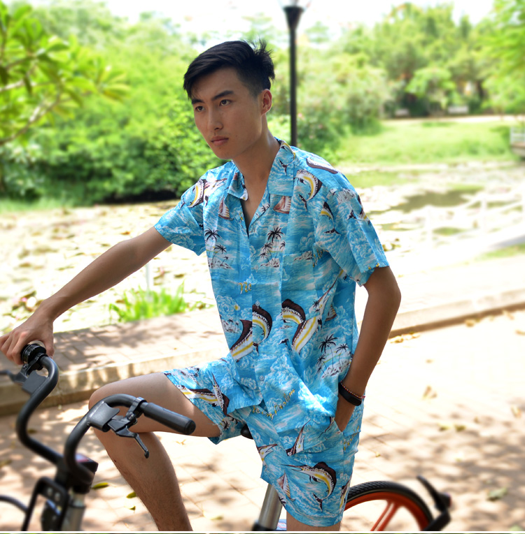 沙滩服男夏威夷衬衫海南岛服情侣旅游椰树套装色织布短袖速干服 鲨鱼