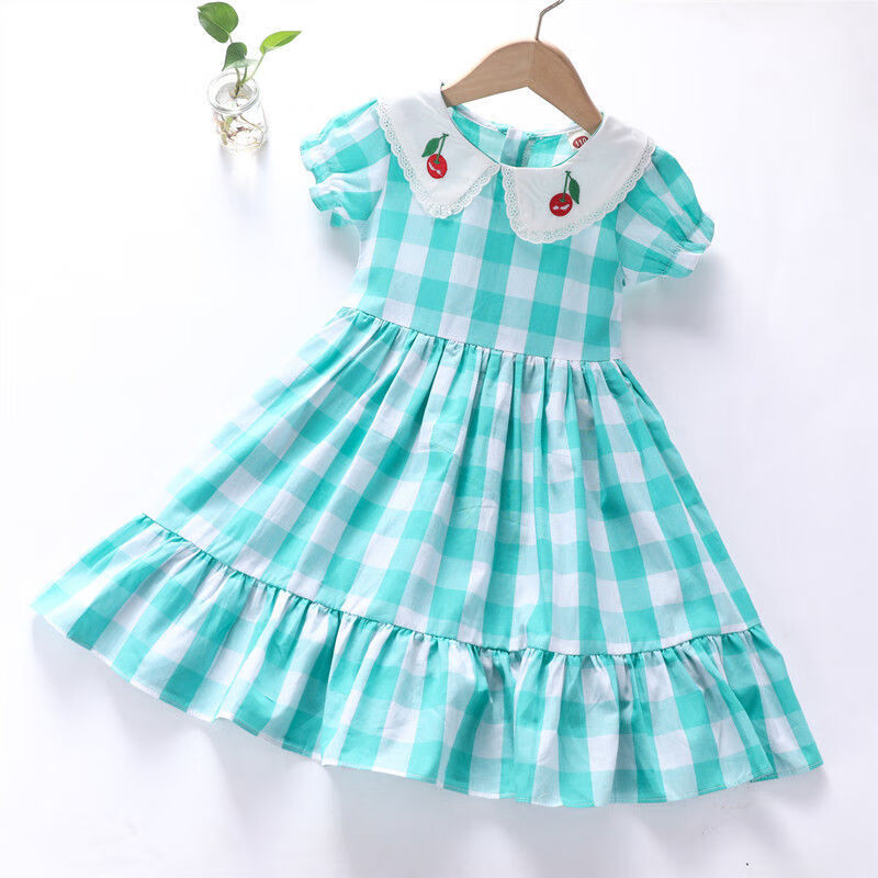 女童连衣裙夏季纯棉格子裙超柔软带领子洋气可爱纯棉短袖裙子 红色