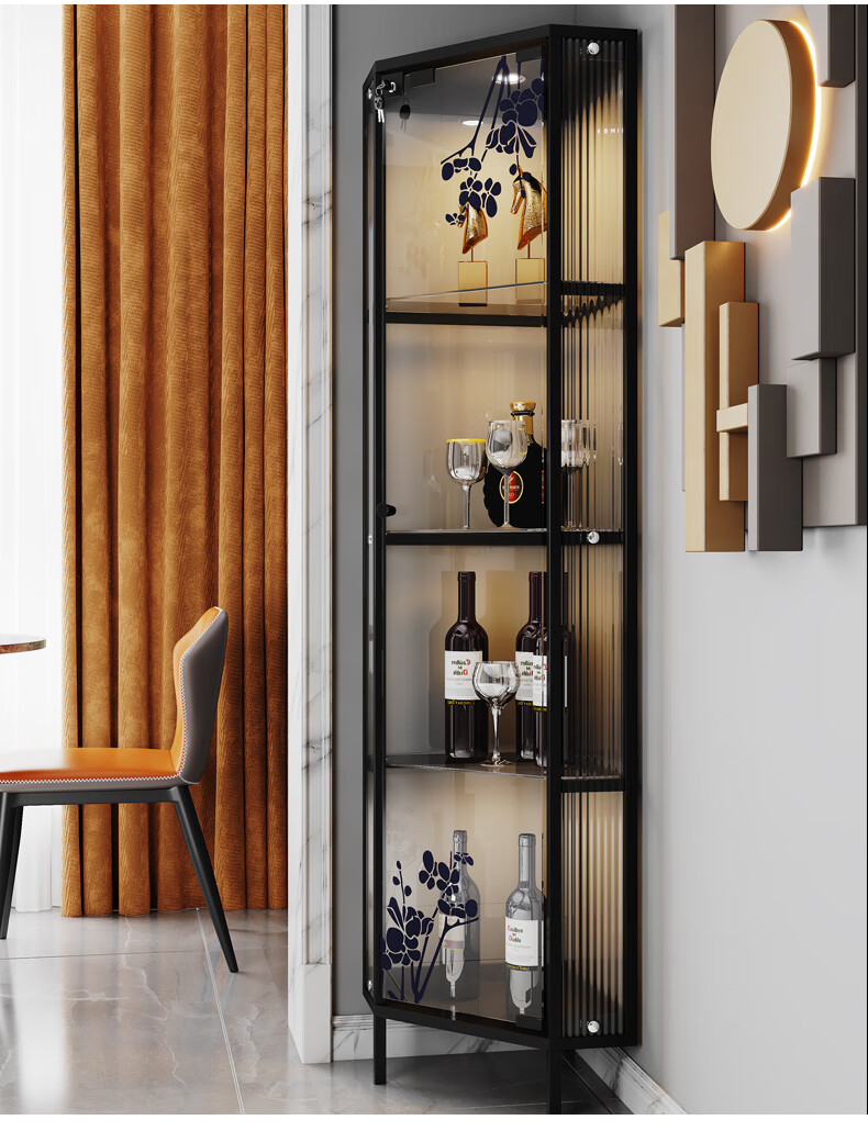 转角钢化玻璃酒柜现代简约轻奢客厅三角展示柜家用靠墙餐边柜 黑色