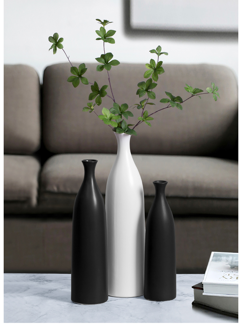 黑色陶瓷花瓶细口长颈插花瓶子客厅餐桌茶几干花摆件白色小口径黑色d