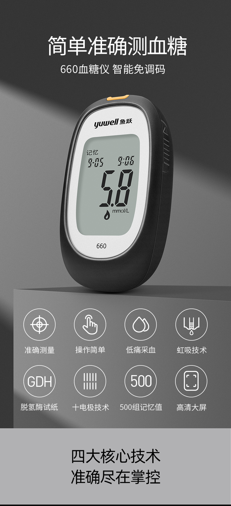官方旗舰鱼跃(yuwell)通用血糖仪660家用精准测血糖的仪器试纸采血针