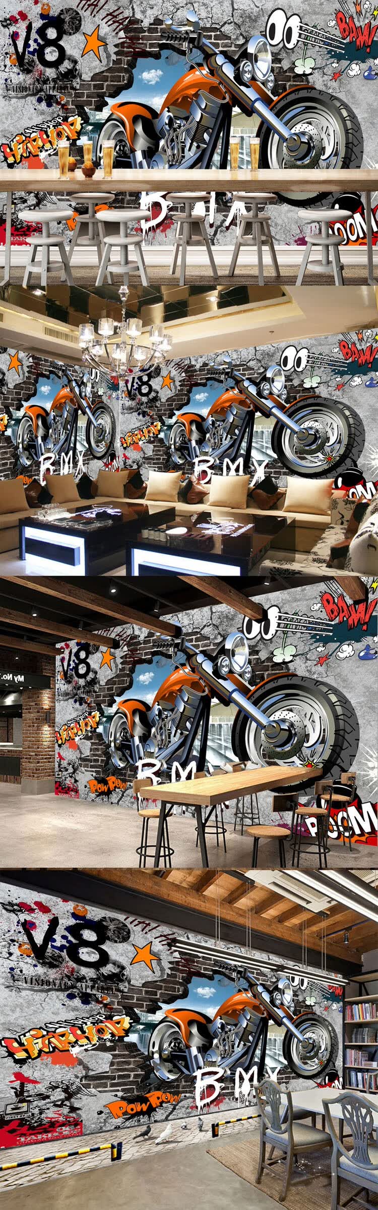 唯利多嘉宴新款复古怀旧3d摩托车涂鸦海报壁画酒吧ktv网吧咖啡厅装饰