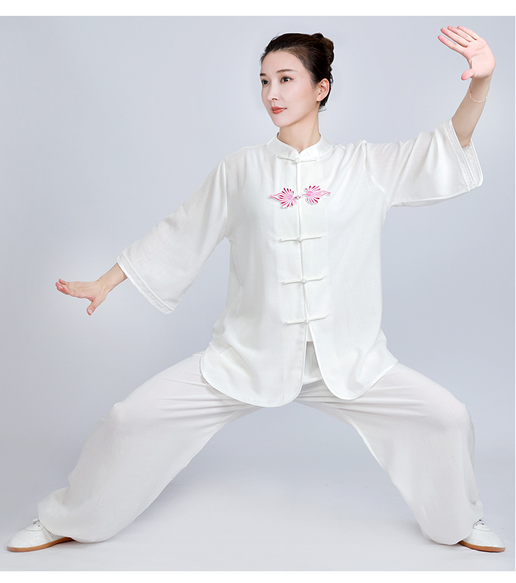 小和山太极服装女新款洋气亚棉麻太极拳练功服太极服女装夏款短袖 湖