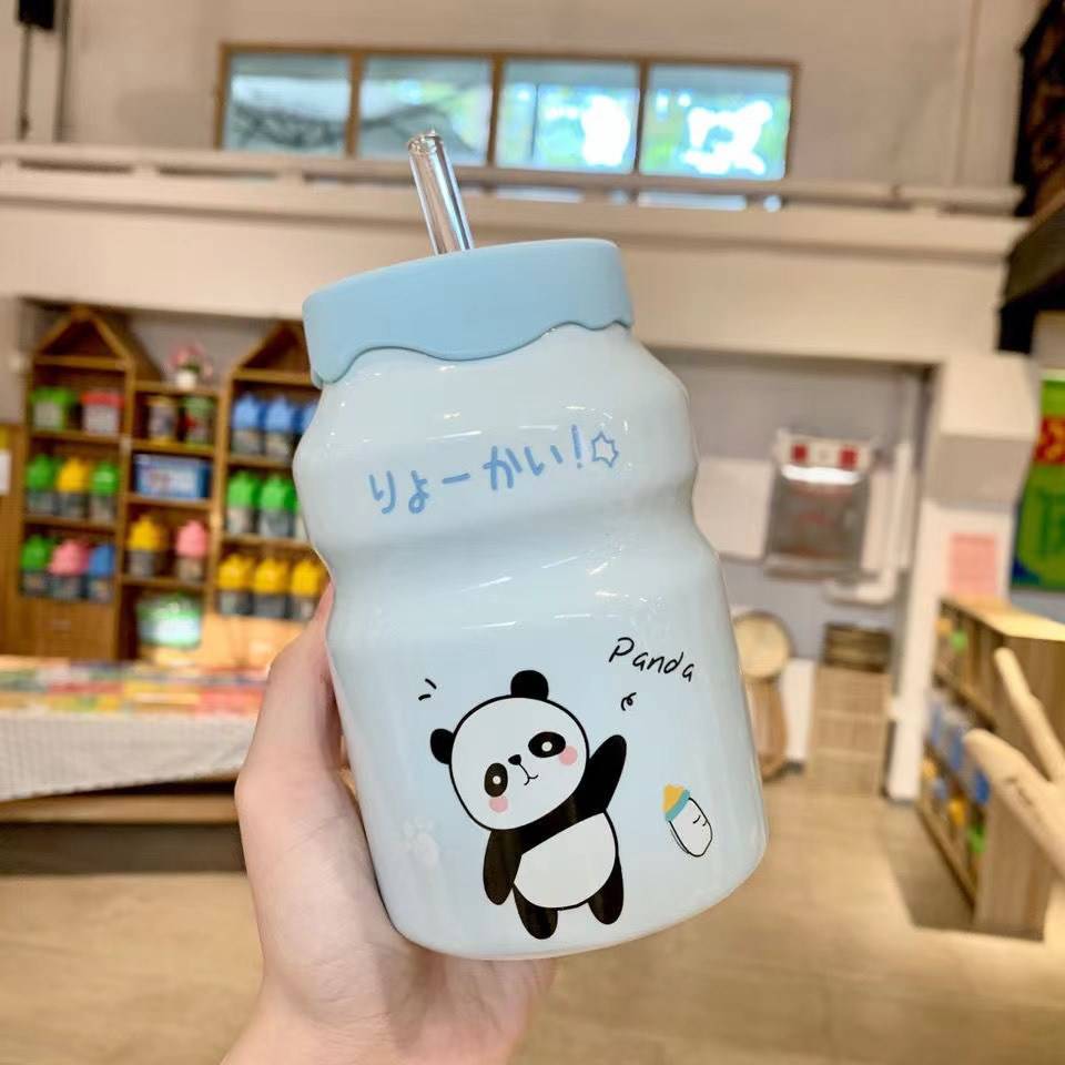 益力多陶瓷杯 水杯ins带吸管网红韩版陶瓷杯男女学生 牛奶咖啡杯子
