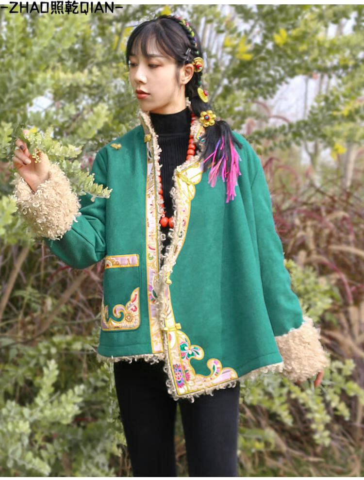 照乾藏族服装冬季冬天穿的藏式外套女西藏袍绣花长绒保暖藏装上衣拉萨
