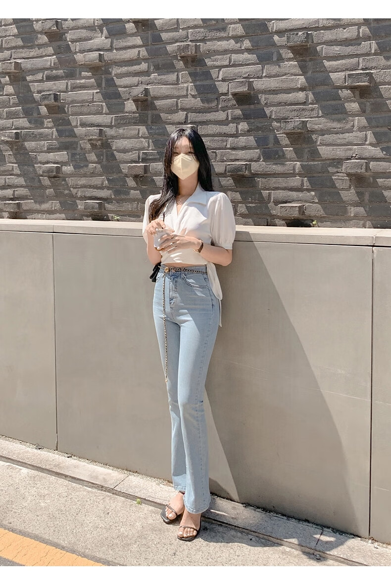 高腰微喇牛仔裤女2021秋季新款韩版浅色弹力显瘦chic直筒微喇叭裤白色