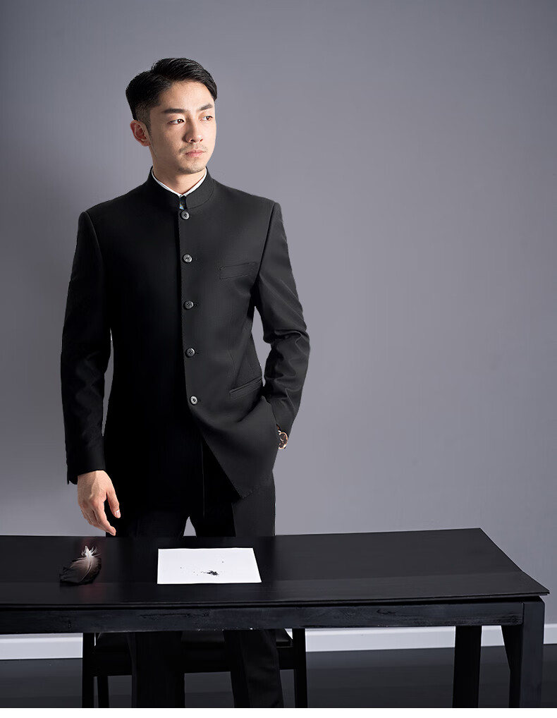 嘿琦中山装男青年修身中国风三件套立领套装唐装伴郎礼服秋冬绣龙两件