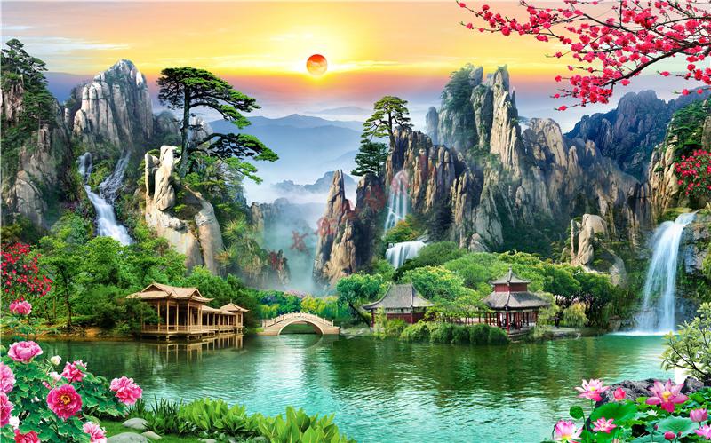 六臂玛哈嘎拉仙堂山水画堂口背景流水生财人间仙境亭子小桥流水客厅