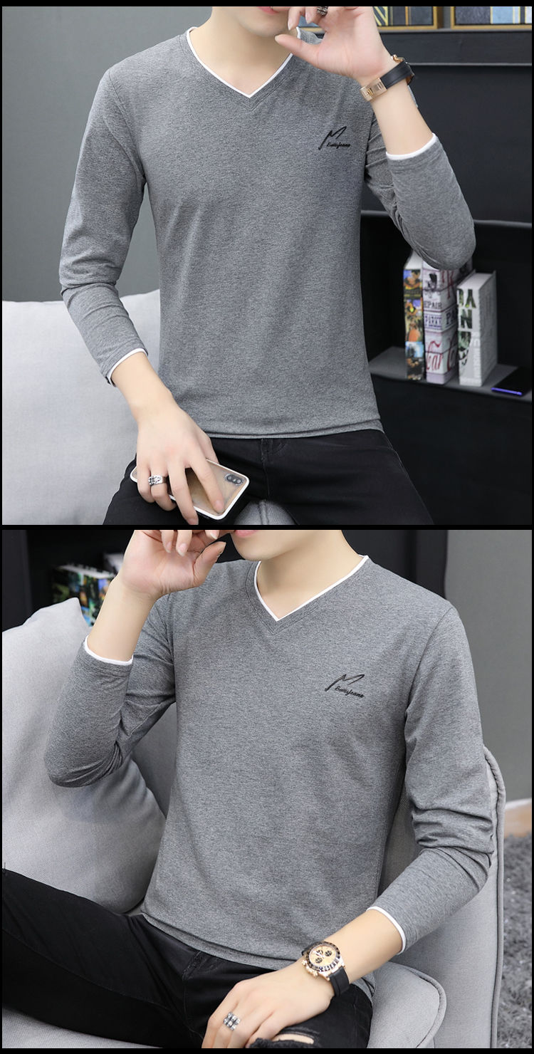 【95棉质量款】长袖t恤秋季体恤上衣服汗衫男v领打底衫 928白色 m