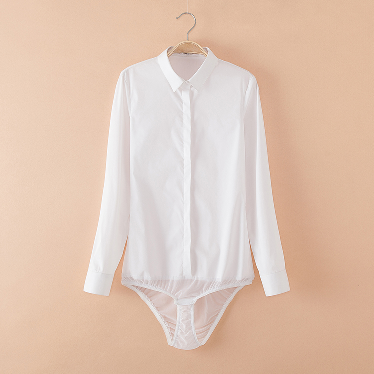 秋季带裆内裤的连体衬衫女职业工装衬衣时尚长袖气质档白色长袖小领l