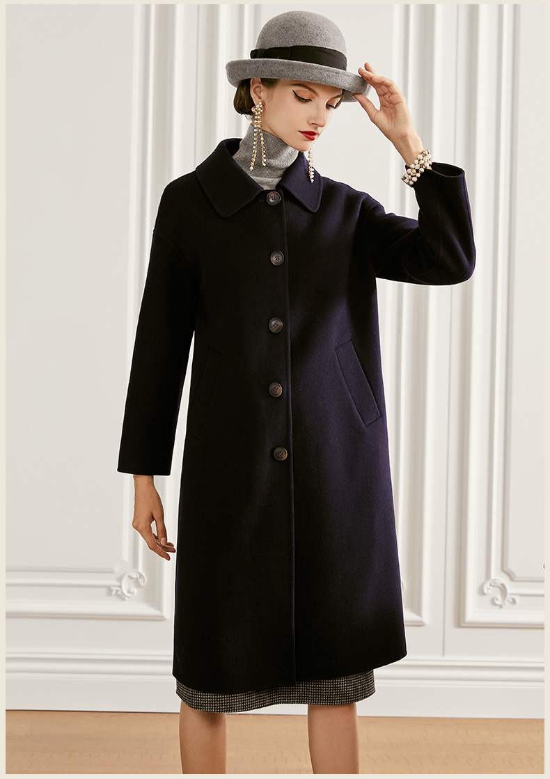 欧黎蔓2020秋冬新款深蓝色双面羊绒大衣女长款娃娃领宽松毛呢外套 深