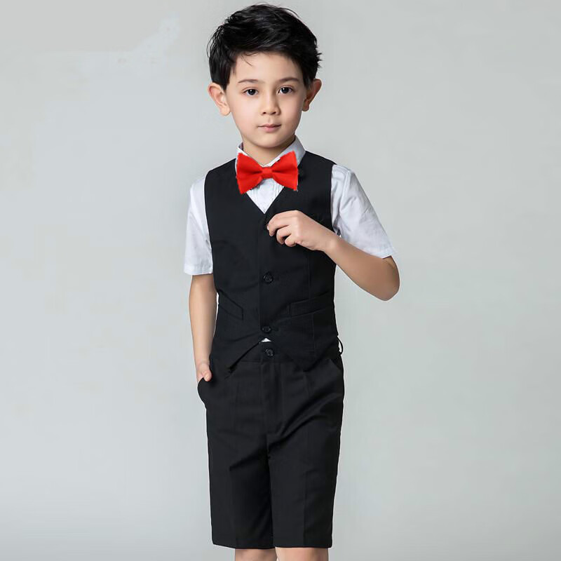 妙倩儿童西装套装秋装男小花童主持人服装男孩夏天演出服走秀潮服黑色