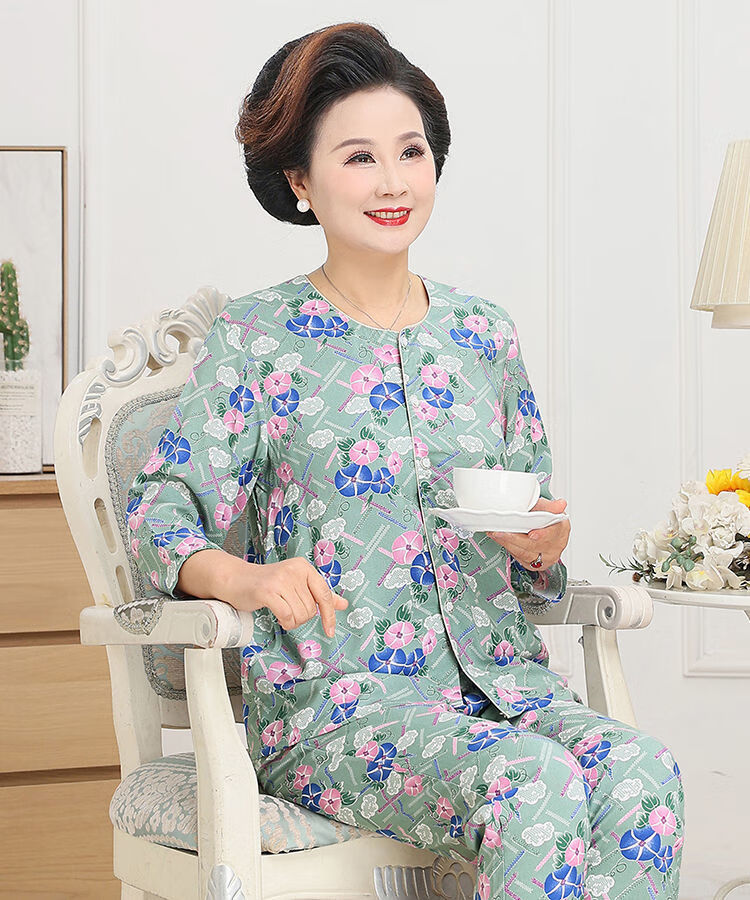 老人睡衣女棉绸套装外出套装夏天奶奶睡衣老婆婆居家服短袖长裤60岁70