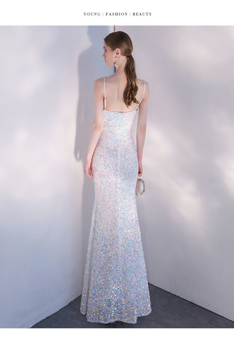 晚礼服裙女宴会气质轻奢小众高端名媛主持人白色鱼尾亮片长款香槟色s