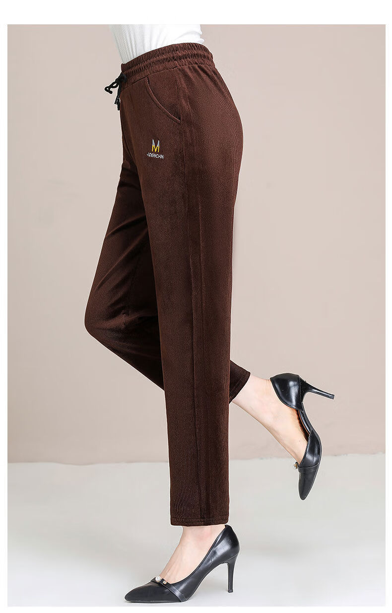 灯芯绒裤子女加绒加绒妈妈裤秋冬款高腰直筒宽松休闲中老年女裤黑色不