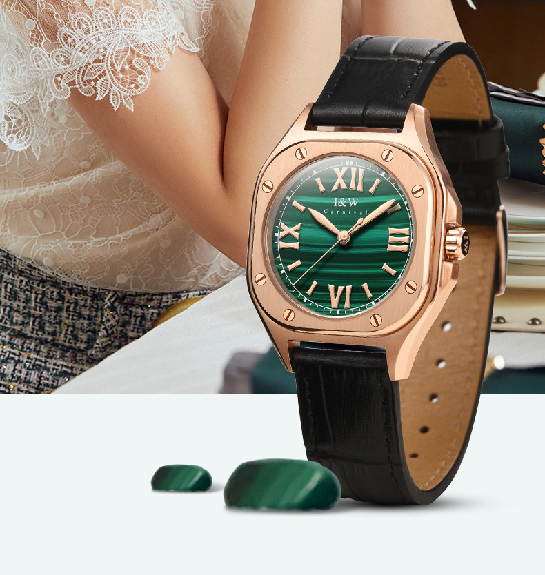 爱沃驰iw手表女士小众轻奢手镯腕表品牌时尚潮流石英表孔雀石绿盘黑皮