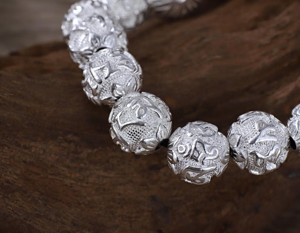 旬谨纪s990银六字真言手链珠子足银箴言手串男女心经藏文佛珠手饰49克