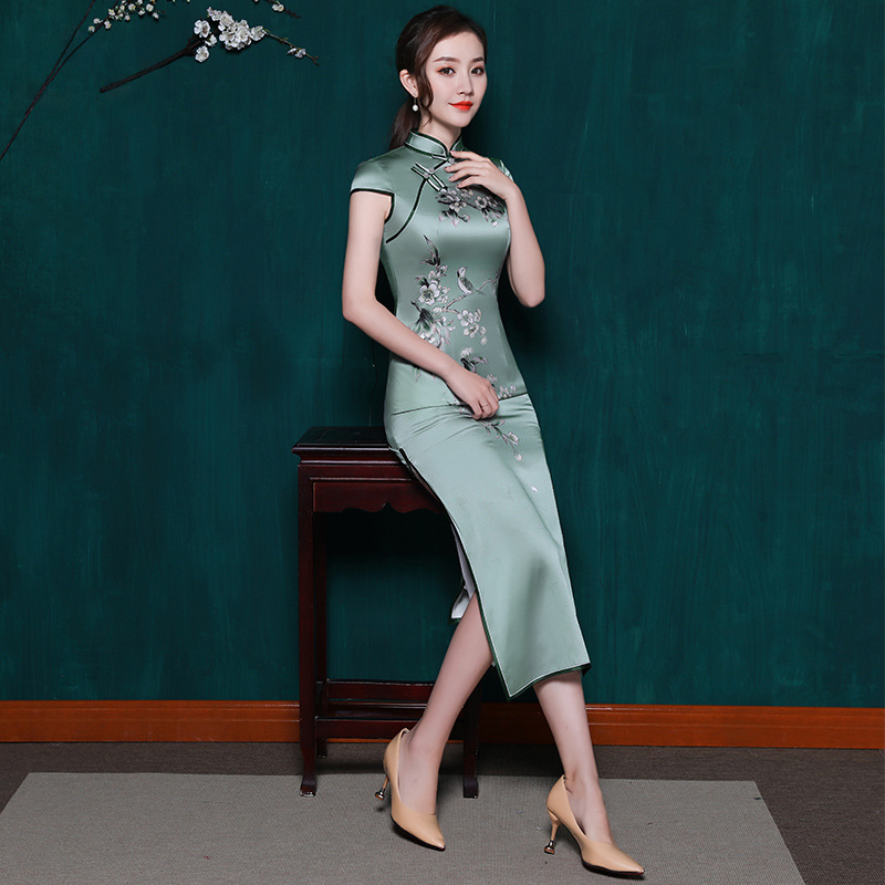 真丝旗袍裙女长款2021新款气质改良桑蚕丝旗袍连衣裙修身显瘦民国风