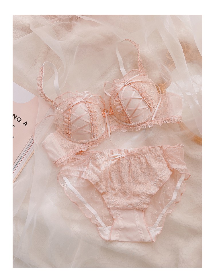 猫人优雅美背半杯无钢圈内衣日系甜美丝带文胸jk少女性感小胸套装上托