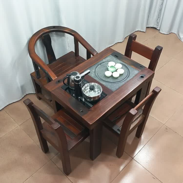 茶桌椅组合 小型老船木茶桌椅组合实木仿古茶台简约茶几阳台户外小