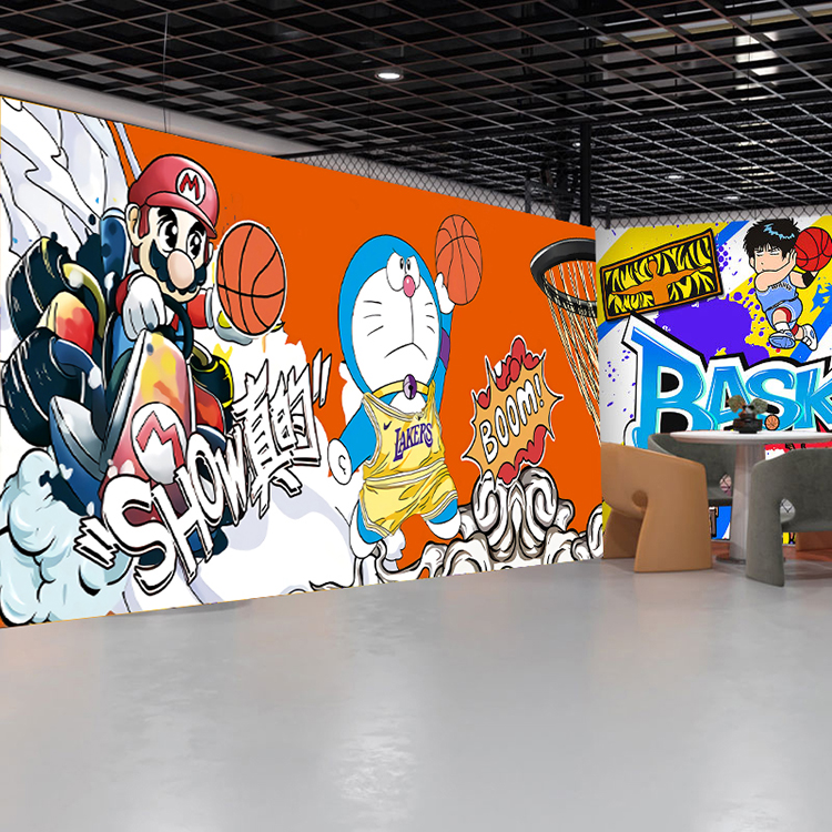 定制少儿篮球馆贴画卡通涂鸦动漫贴纸自粘超大运动馆墙贴壁画 篮球