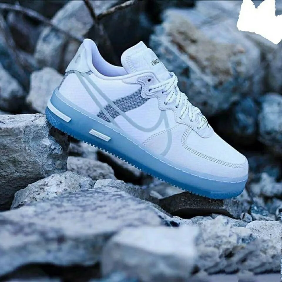 新款空军一号骨白冰蓝反光鞋aj气垫学生女低帮板鞋百搭休闲鞋 骨白冰