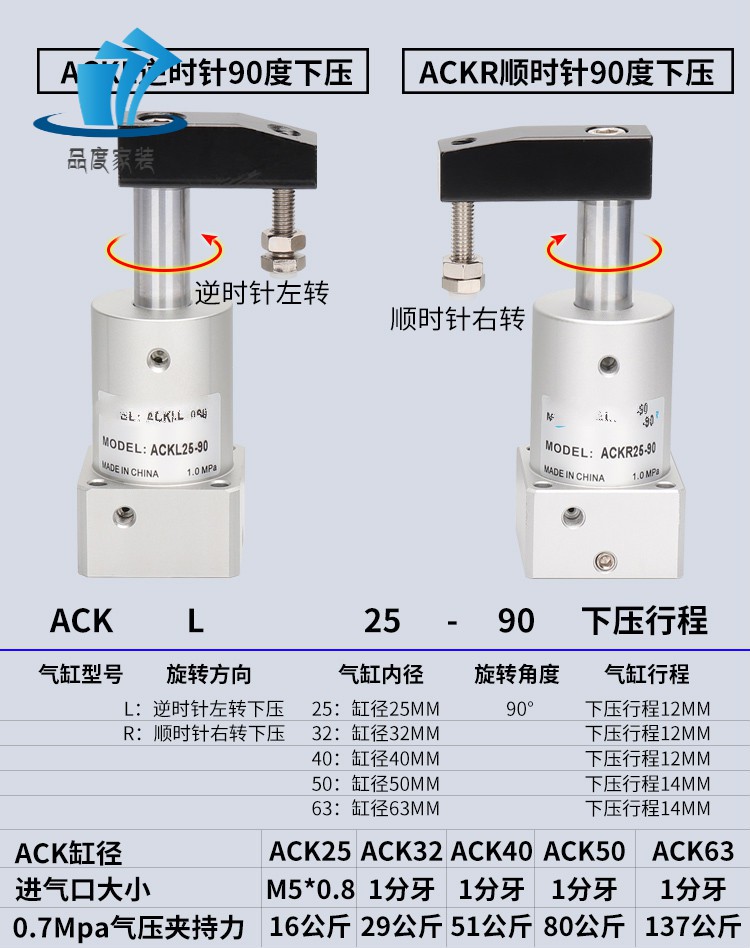 旋转气缸气动小型90度ack左右旋转转角下压夹紧气缸src25/32/40/50x90