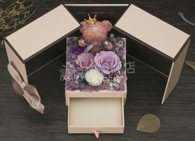 best wishes玫瑰花礼盒 永生花礼盒玫瑰熊摆件情人节女友闺蜜结婚妈妈