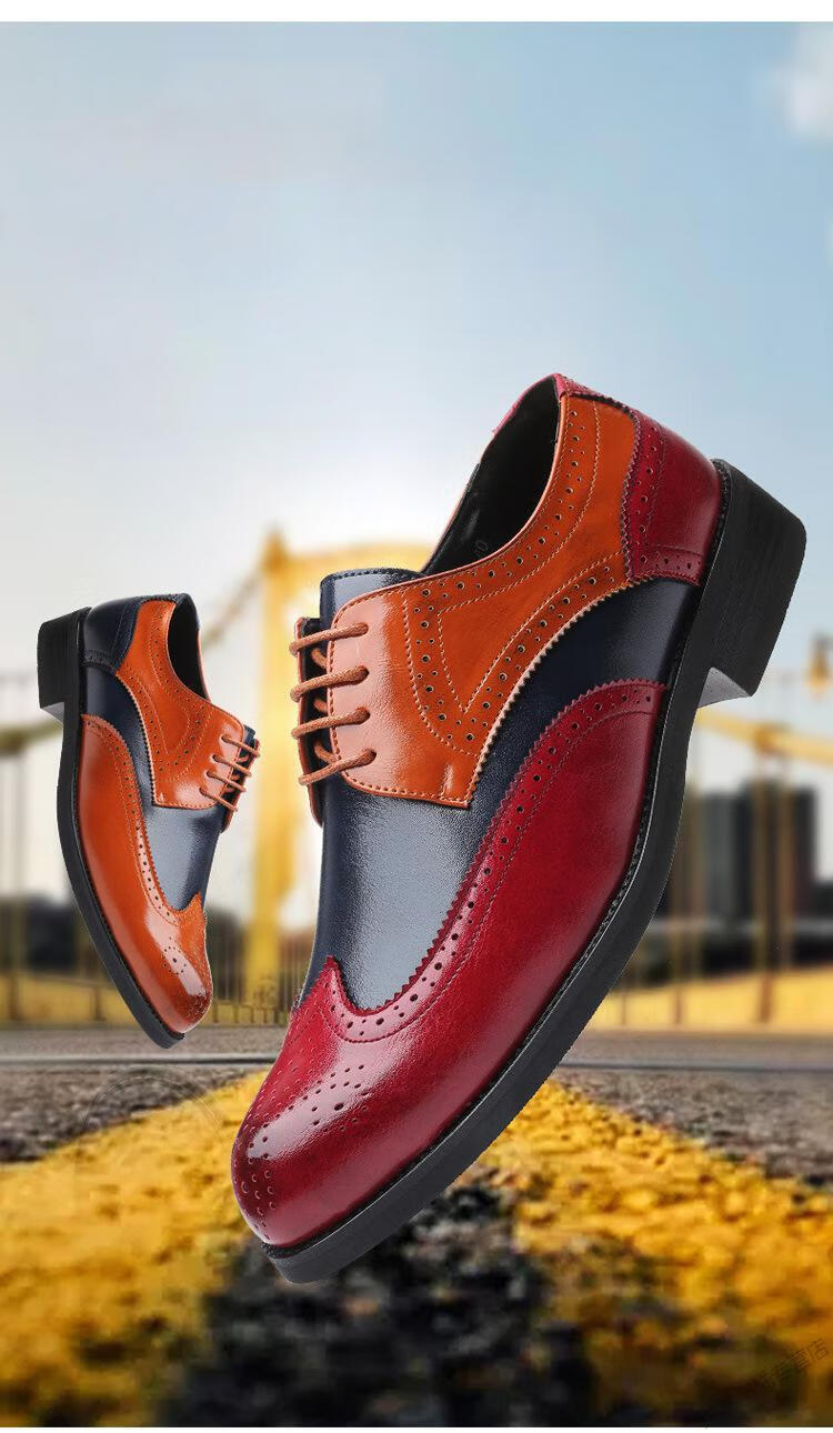 萨奇袋鼠新款雕花英伦风男鞋拼色皮鞋复休闲皮鞋大码男鞋棕色47