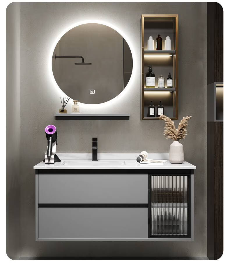 间轻奢陶瓷一体盆洗手盆洗脸盆 140cm(圆镜 岩板陶瓷盆 边柜【图片