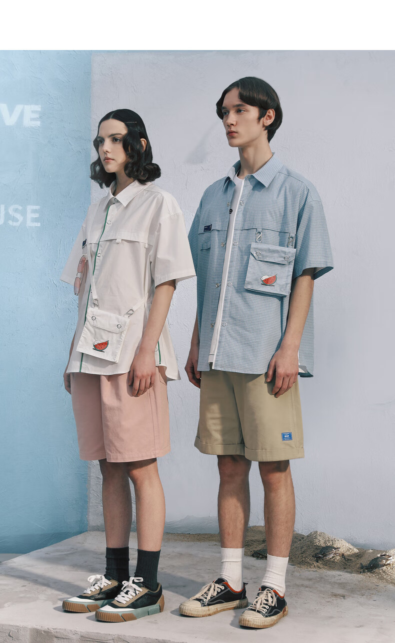 bosie2021年夏季新款口袋衬衫可拆口袋包波思鹅清凉情侣本白色s