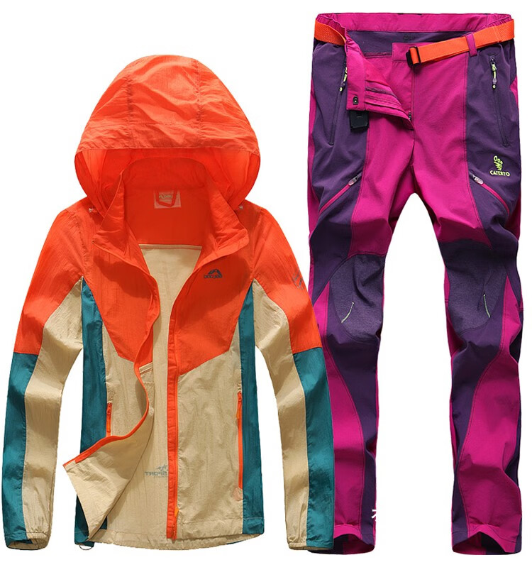 爬山装备衣服户外皮肤衣女防晒透气轻薄弹力速干衣裤套装运动大码徒步