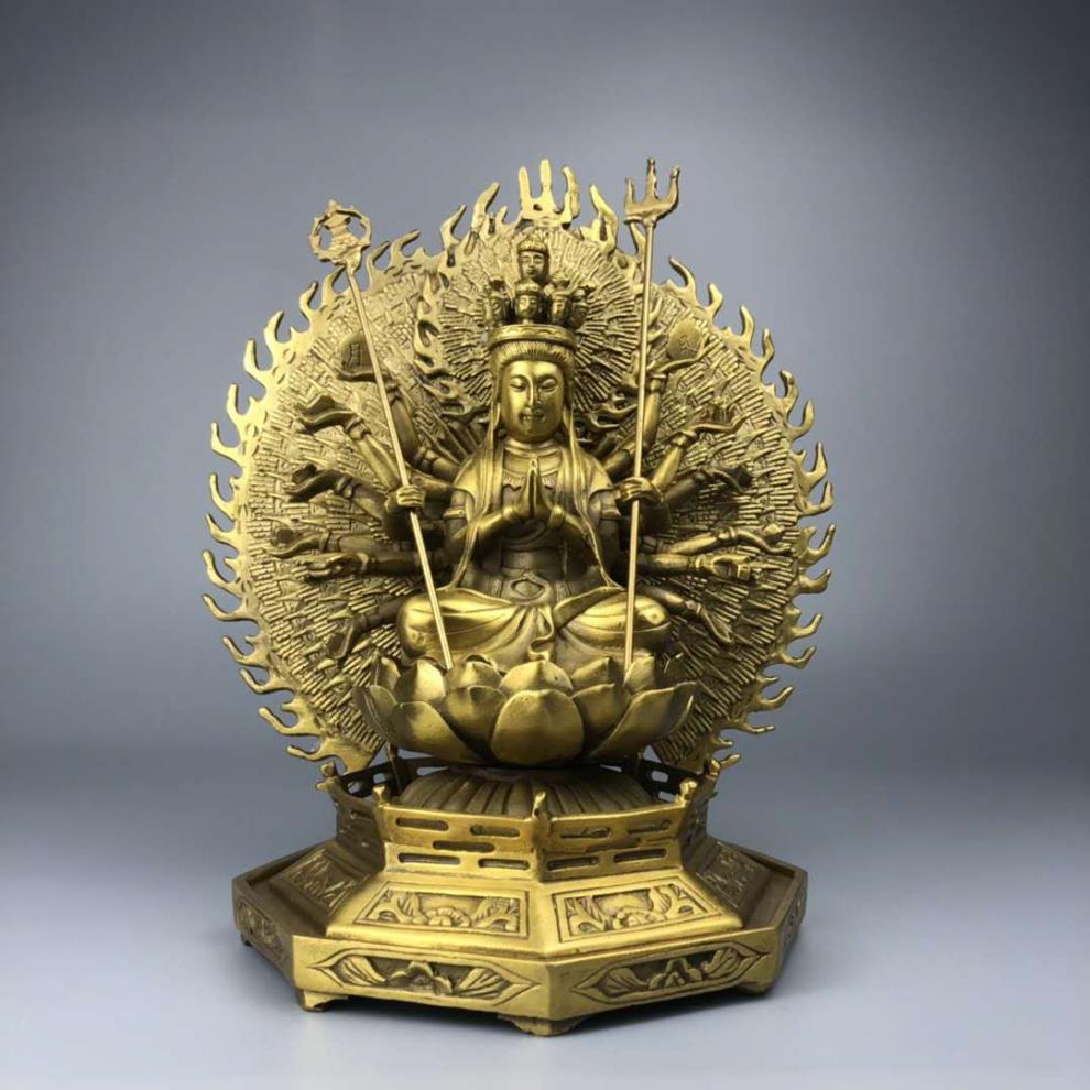 纯铜千手观音佛像摆件黄铜千眼观世音菩萨娘娘家用佛堂供养神像 坐